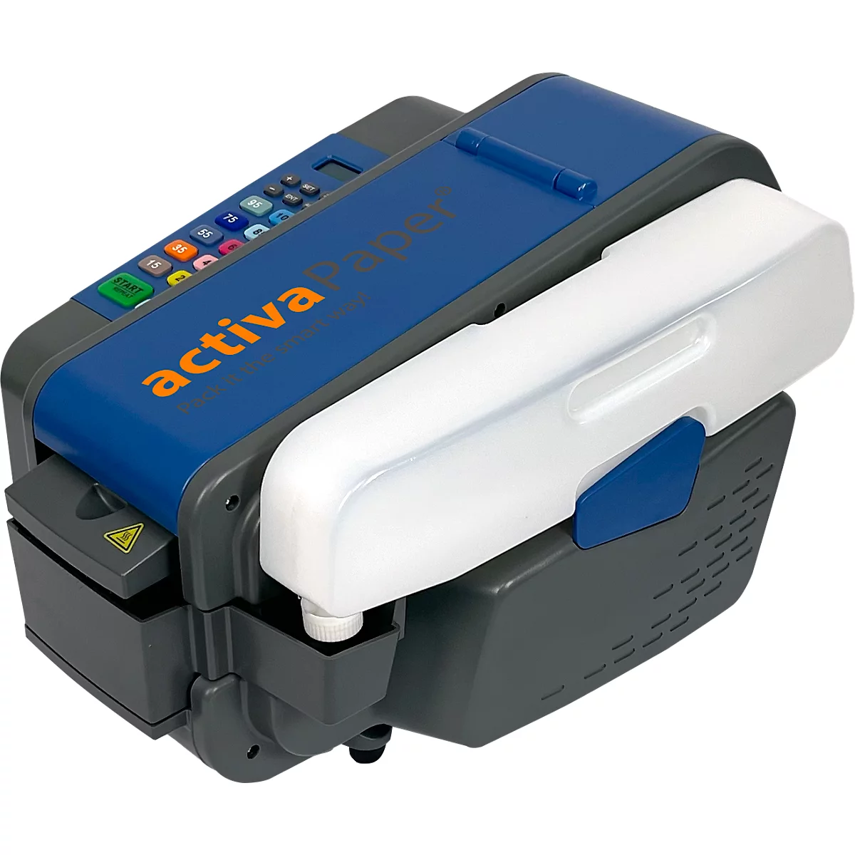 Blau-graues Verpackungsgerät mit "activa Paper"-Schriftzug. Weißes Element zur Papierausgabe, Bedienfeld mit Tasten.
