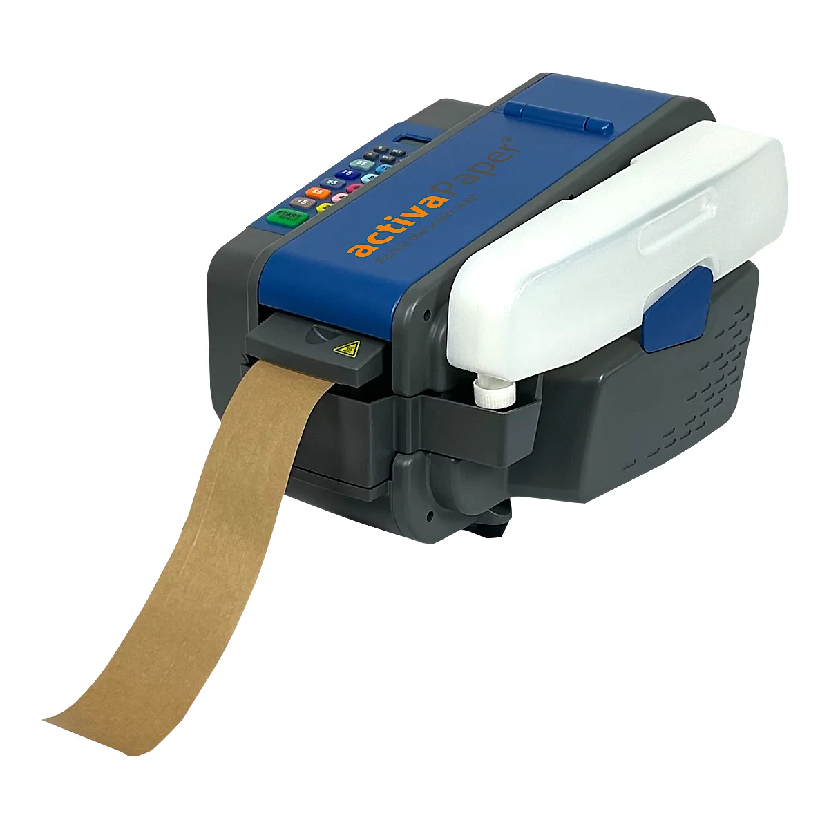 Blau-grauer Klebebandabroller mit braunem Klebeband, 'activa' Schriftzug.