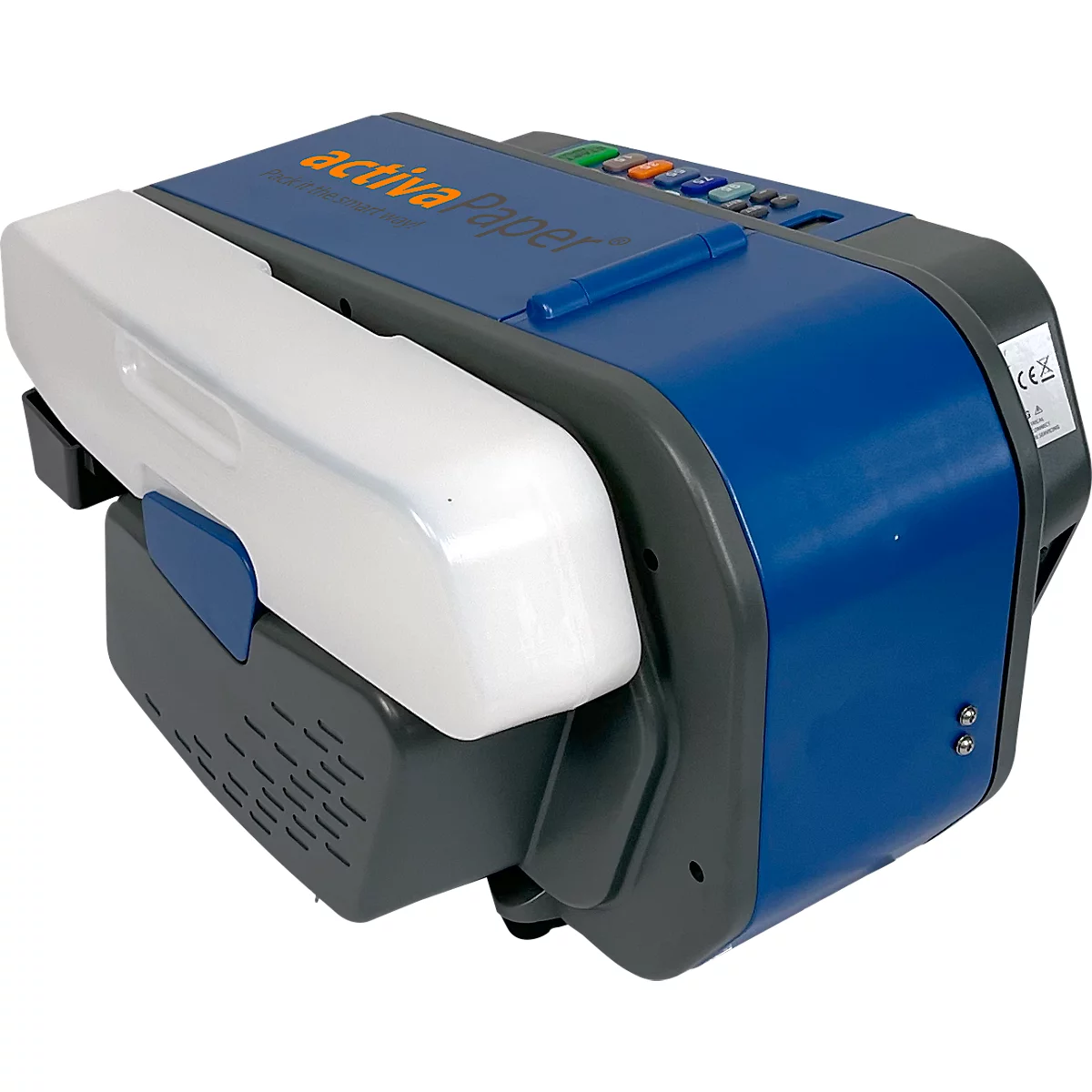 Blauer Papierdrucker mit weißem Papierauswurf und farbigen Knöpfen.