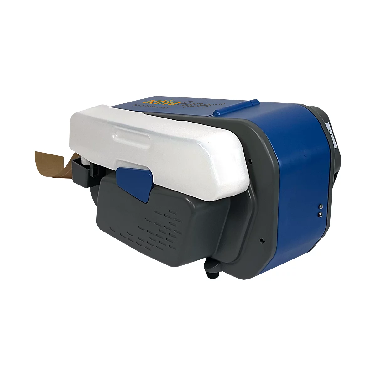 Blau-weißes Gerät mit grauen Akzenten; rechteckig mit abgerundeten Ecken. Oben orange Schrift.