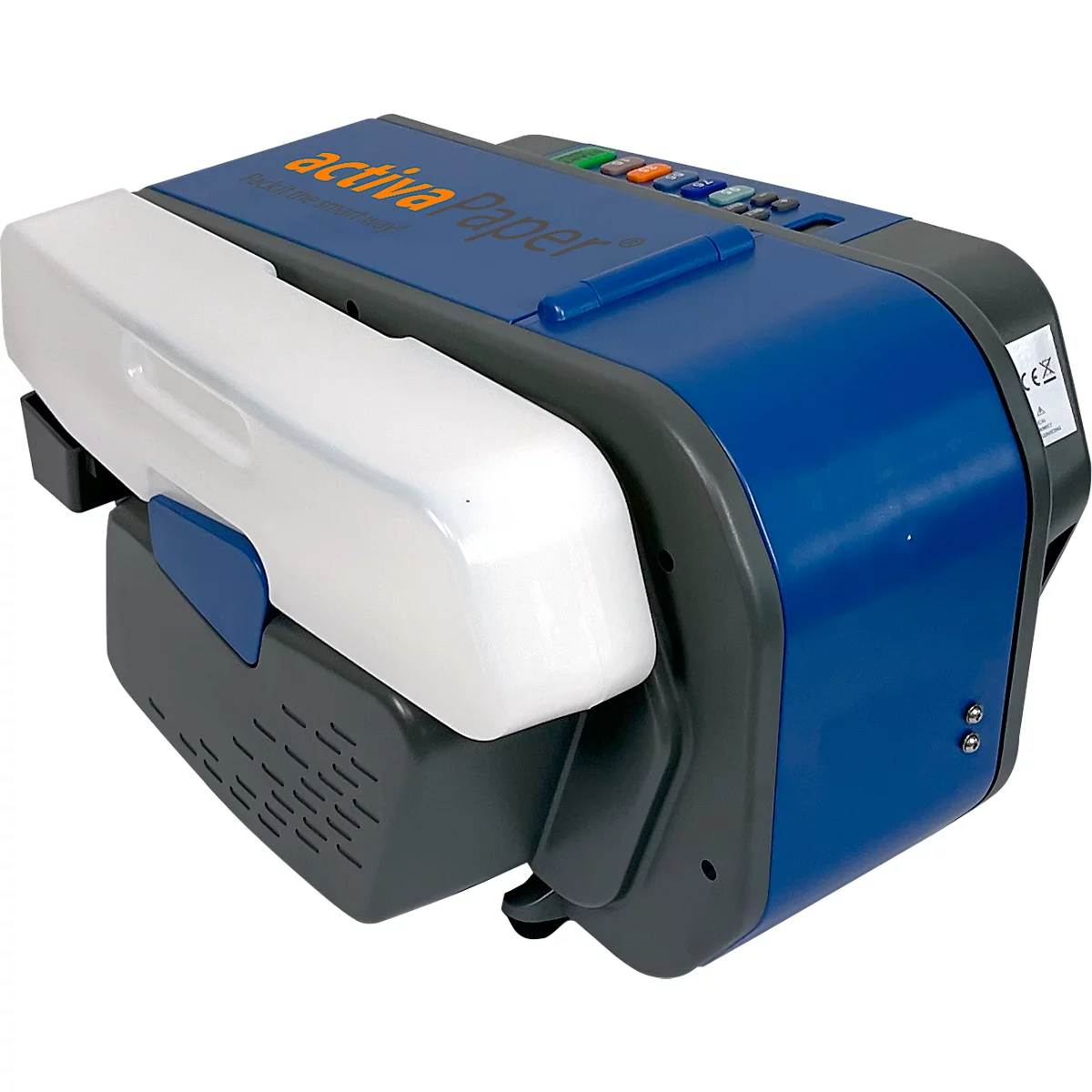 Blau-grauer Papierrollen-Automaten mit weißem Deckel. Aufschrift: activa Paper.