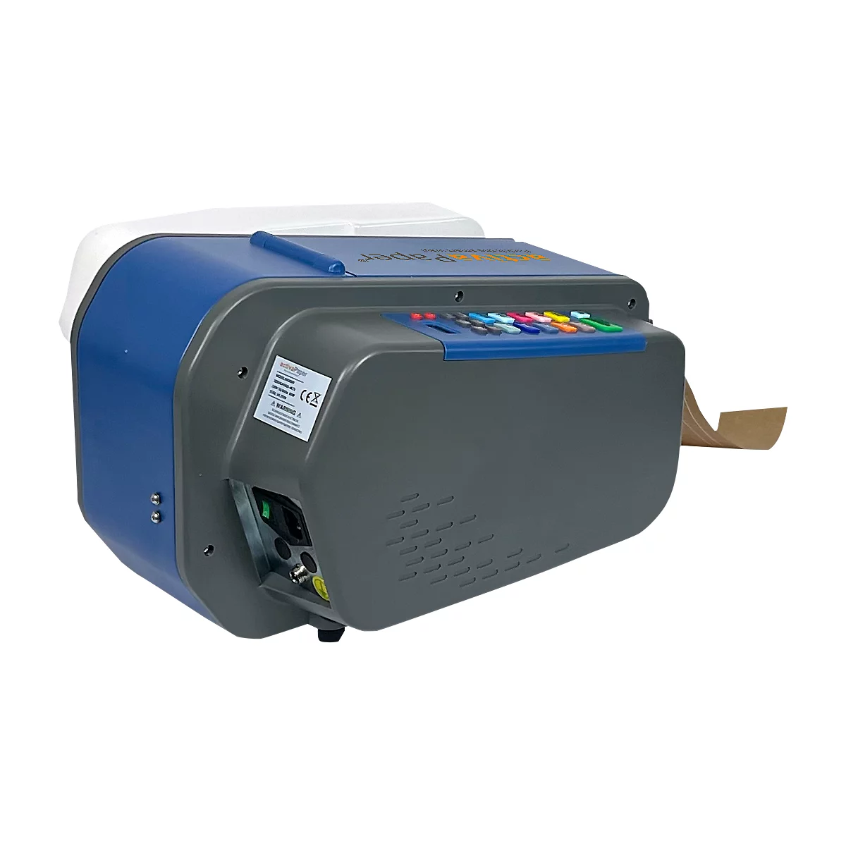 Blau-grauer Geräte-Drucker mit farbigen Tasten und Papierspender.