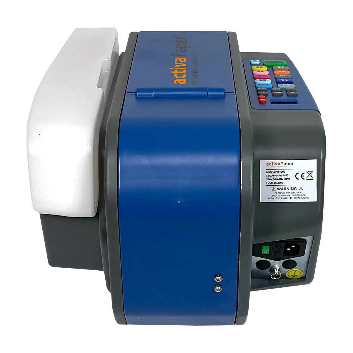 Blau-grauer Aktiva Paper Karton, mit weißen und farbigen Knöpfen, CE-Kennzeichnung.