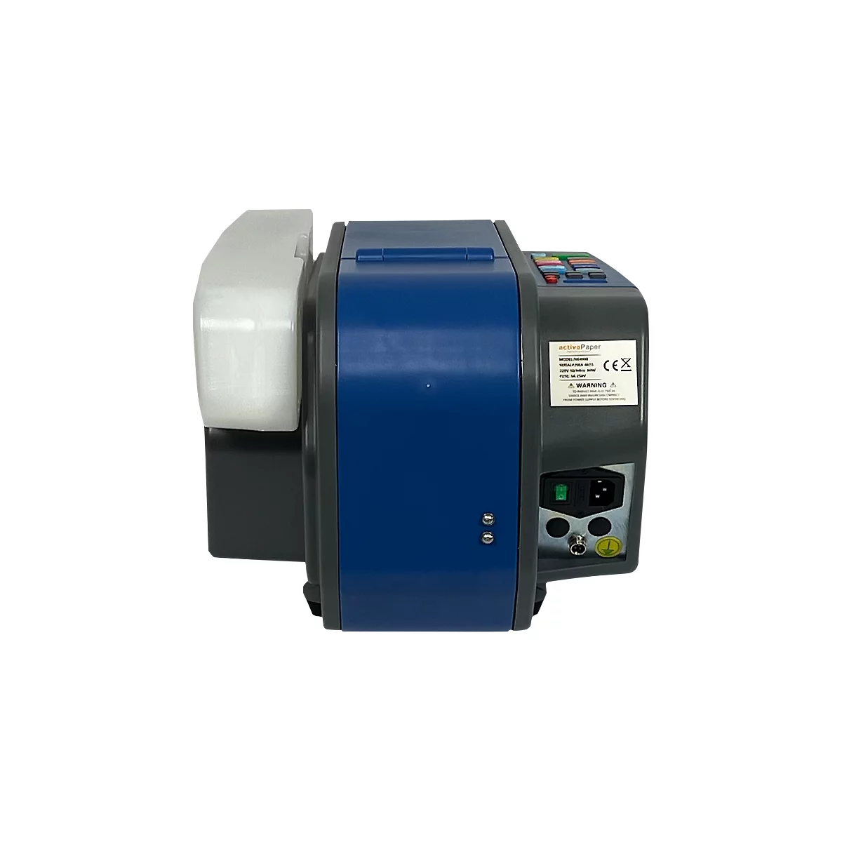 Blau-grauer Kartonkleber von Activa Paper, mit Klebebandrolle links.