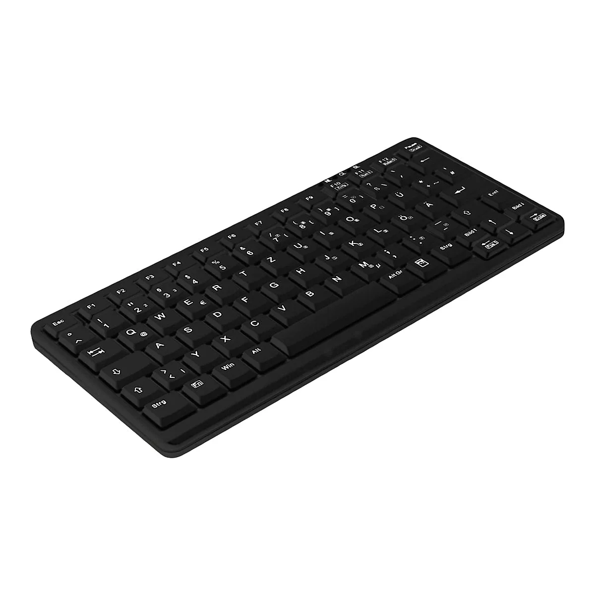 Schwarze, kabellose Tastatur mit weißer Beschriftung auf weißem Hintergrund. Tasten für Buchstaben, Zahlen und Sonderzeichen sind sichtbar.