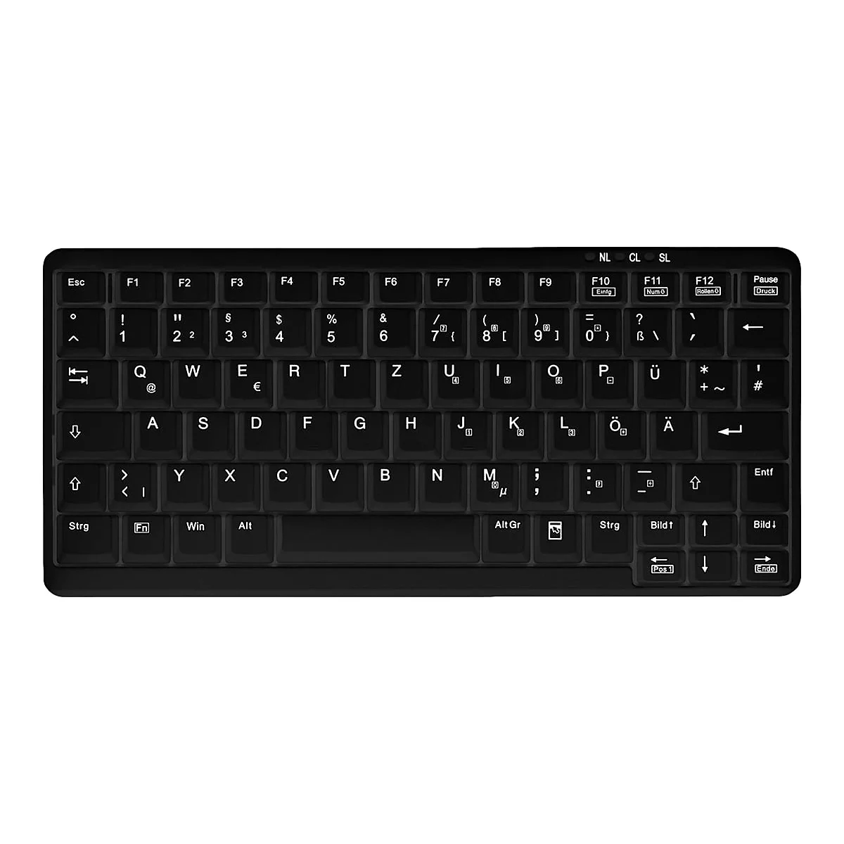 Schwarze, kompakte Tastatur mit weißen Buchstaben und Symbolen. Buchstabenblock, Funktionstasten, und Sonderzeichen.
