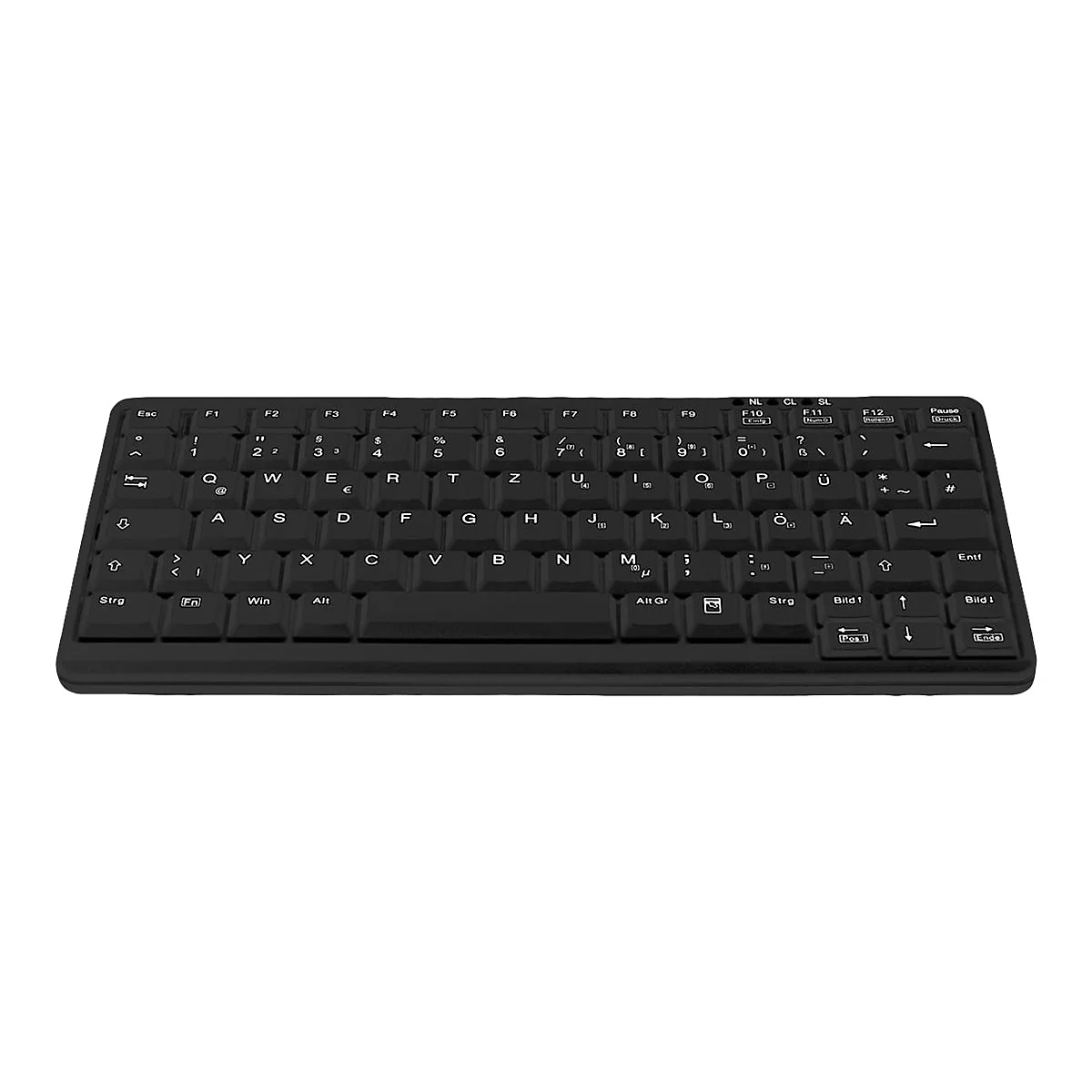 Schwarze Bluetooth-Tastatur, mit deutschen Buchstaben und Sonderzeichen.