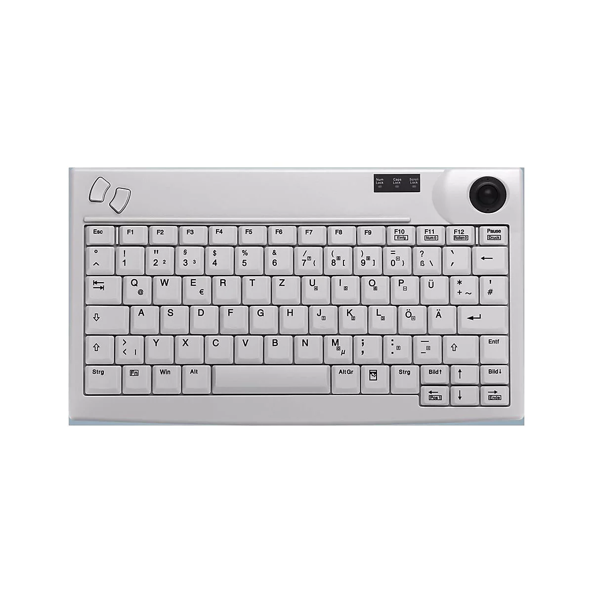 Helle Tastatur mit schwarzen Tastenbeschriftungen und integrierter Kamera.