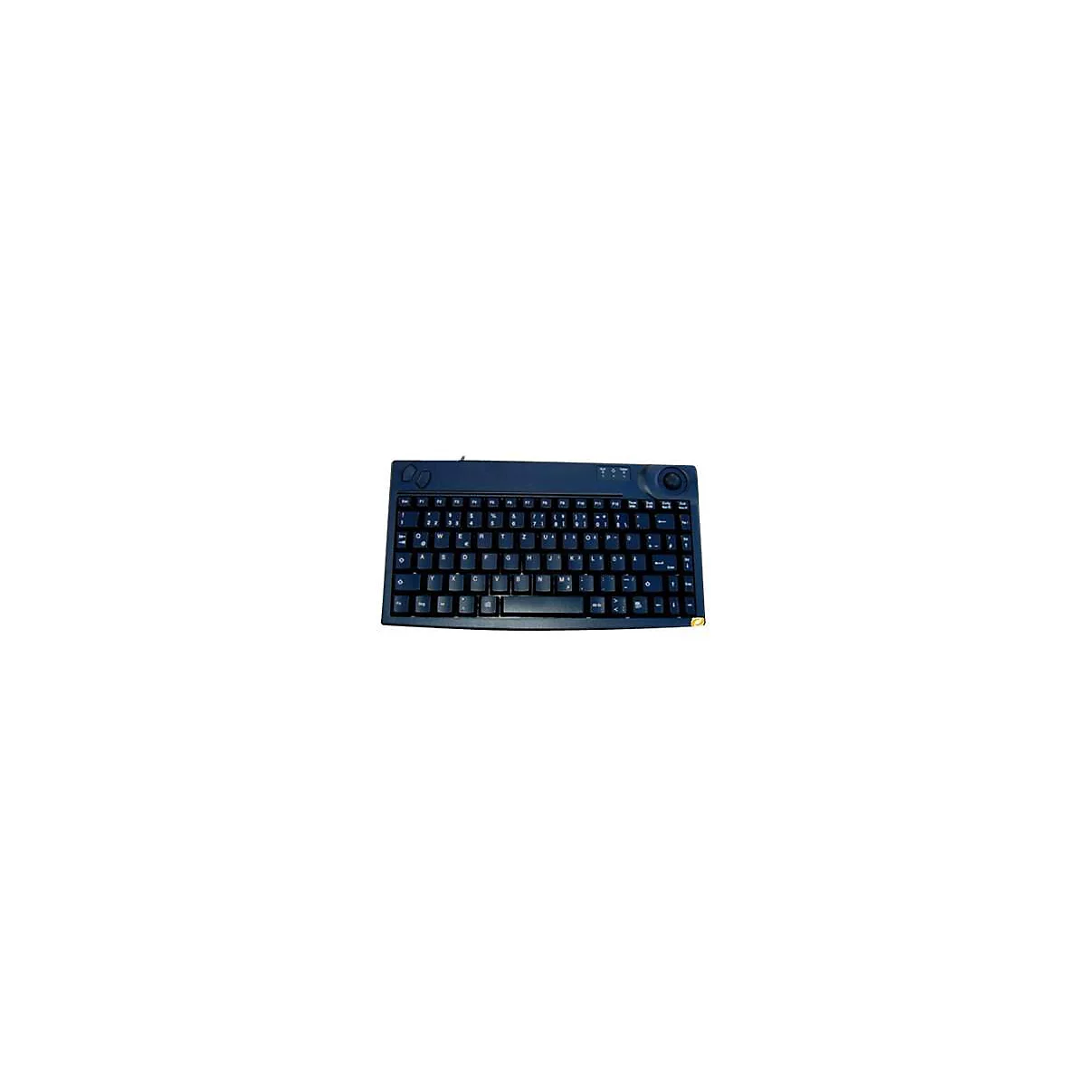Schwarze Kompakt-Tastatur mit integriertem Trackball und zwei Tasten oben links vor weißem Hintergrund.