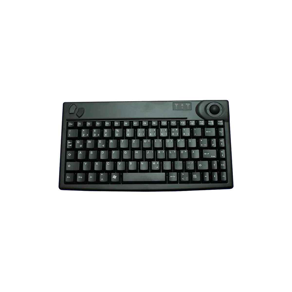 Schwarze, kompakte Tastatur mit deutschem QWERTZ-Layout und integriertem Trackball oben rechts.