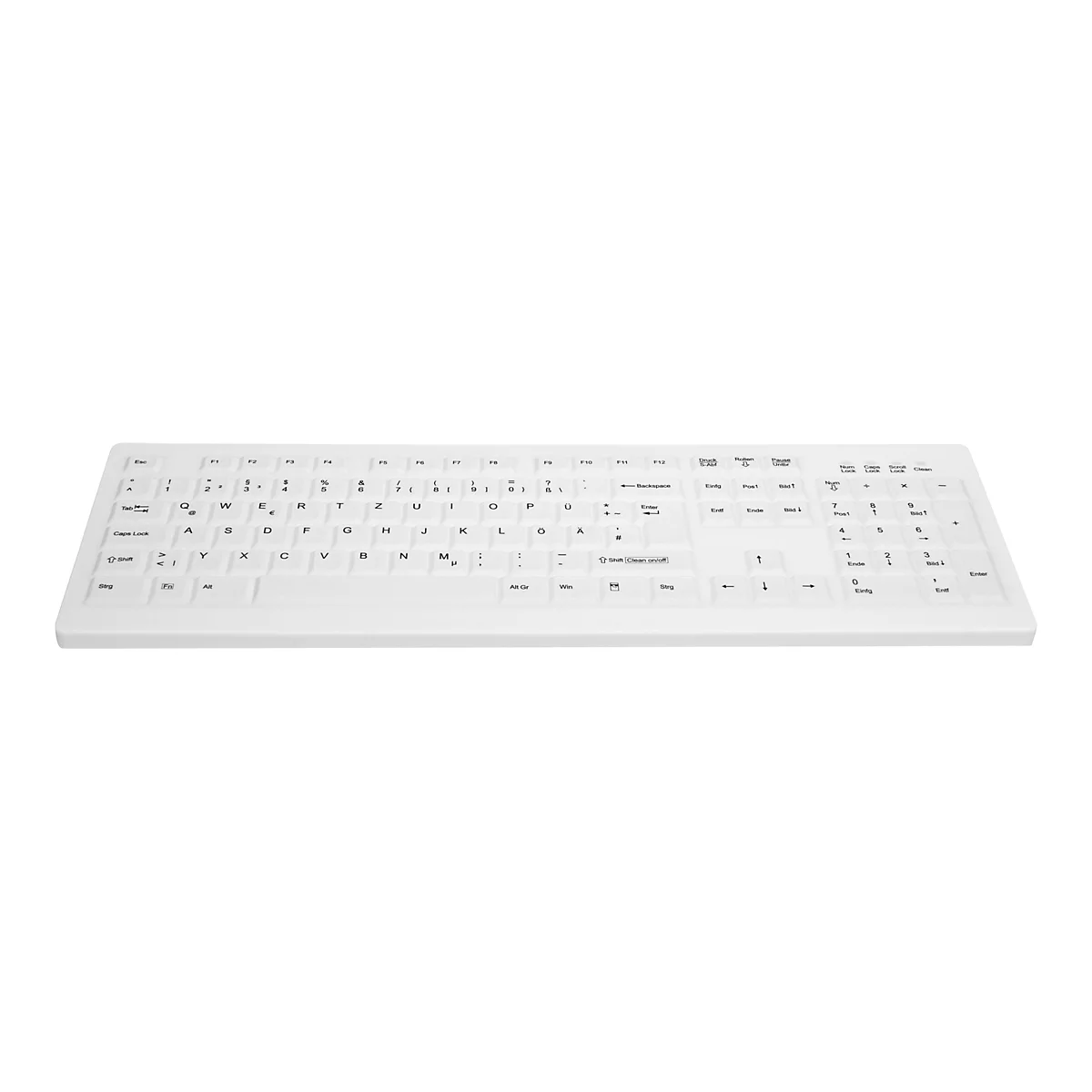 Weiße, wasserfeste Computertastatur mit deutschem QWERTZ-Layout und Clean-Taste vor weißem Hintergrund.