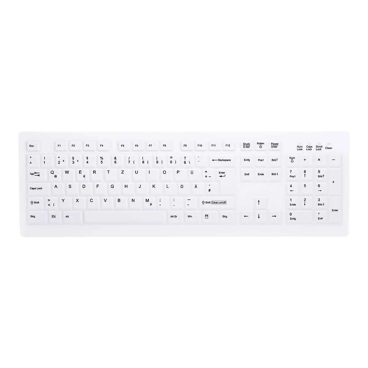 Weiße, flache Silikon-Tastatur mit deutschem QWERTZ-Layout und Clean-on/off-Taste.