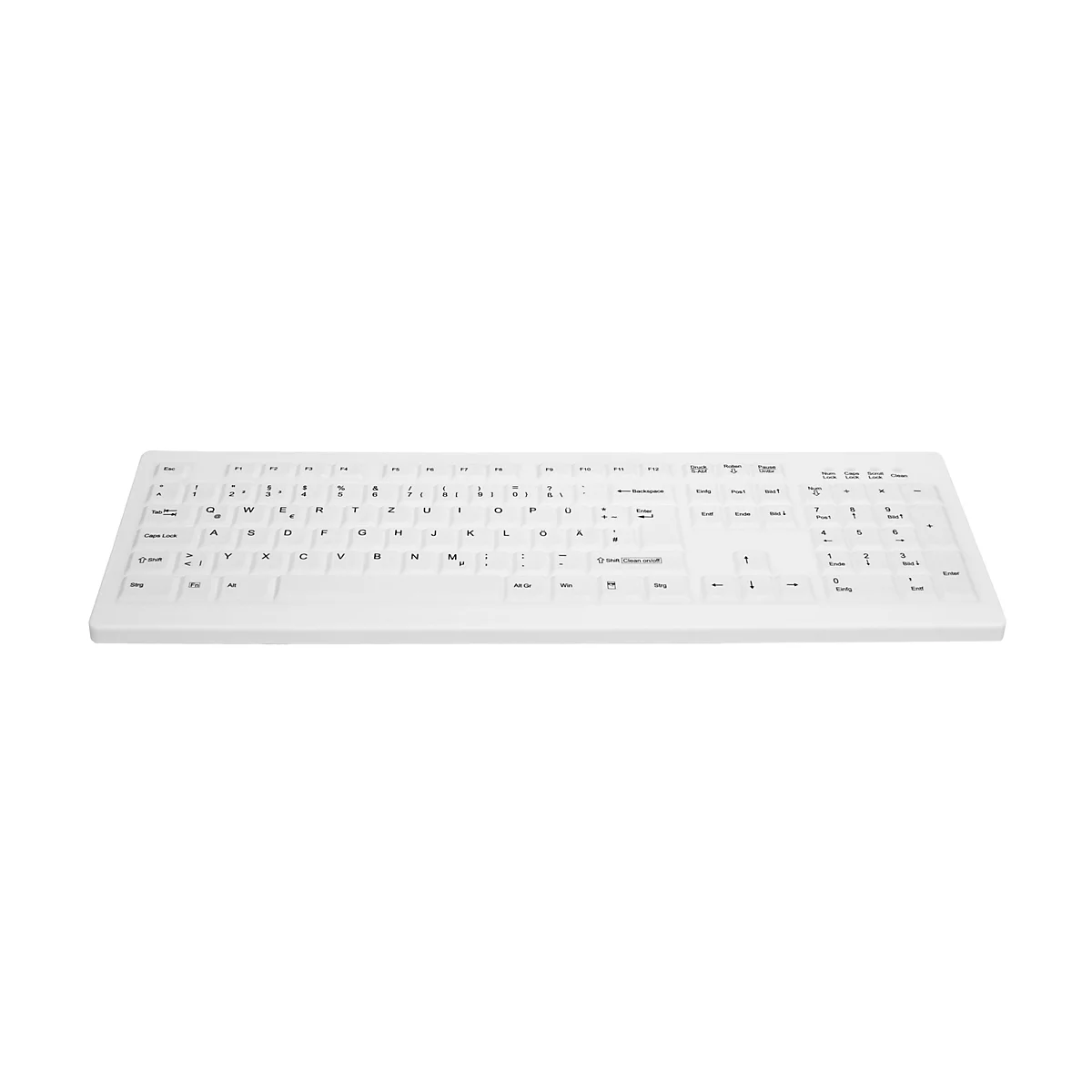 Weiße Tastatur mit deutschem QWERTZ-Layout vor einem weißen Hintergrund.