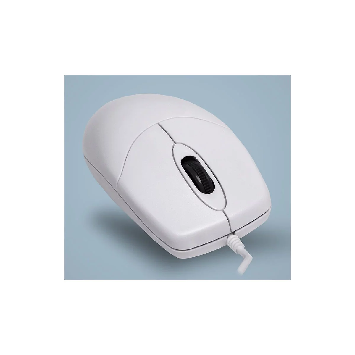 Weisse Computermaus mit Kabel auf blauem Hintergrund. Die Maus hat ein Scrollrad und zwei Maustasten.