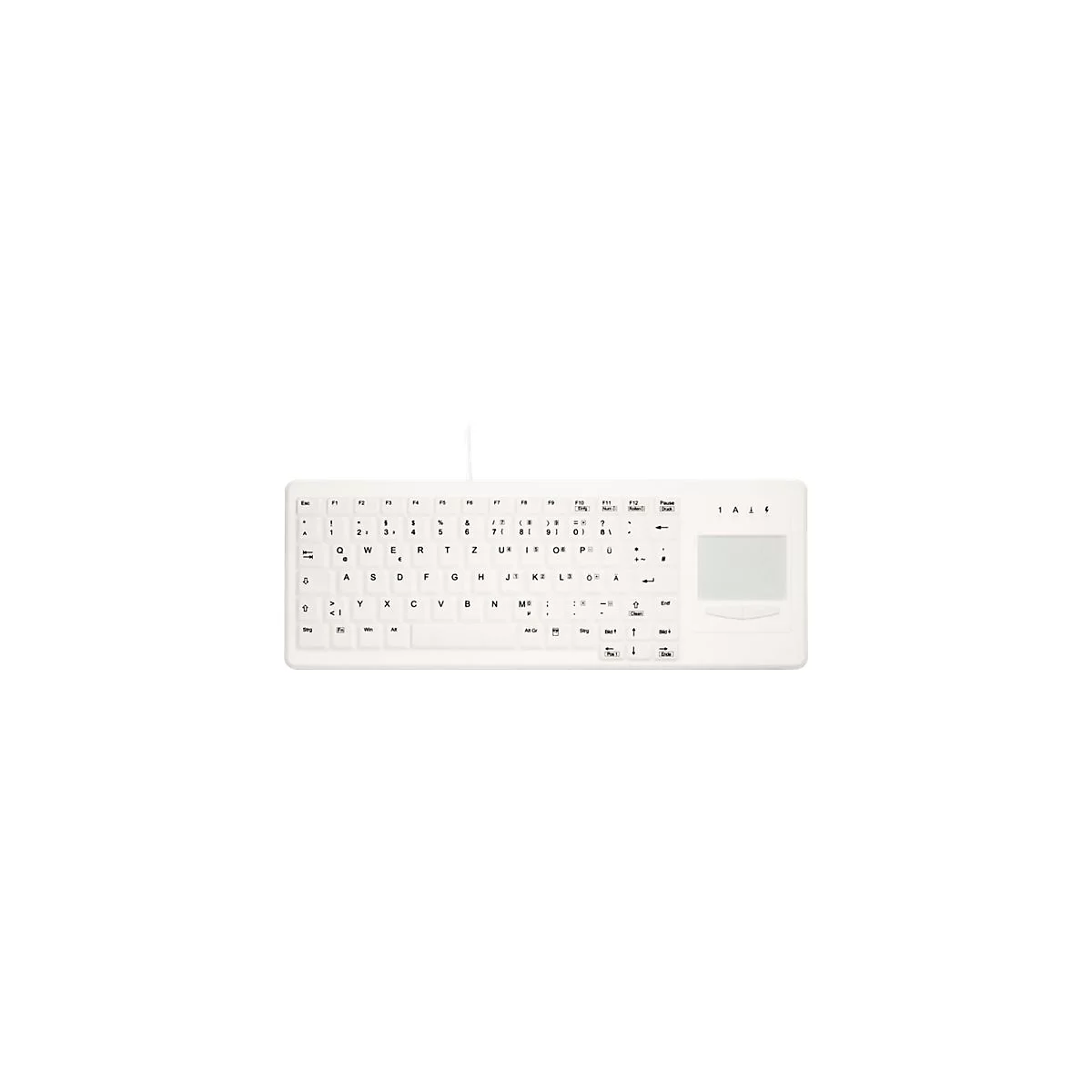 Weiße, abwaschbare Silikontastatur mit integriertem Touchpad vor weißem Hintergrund.