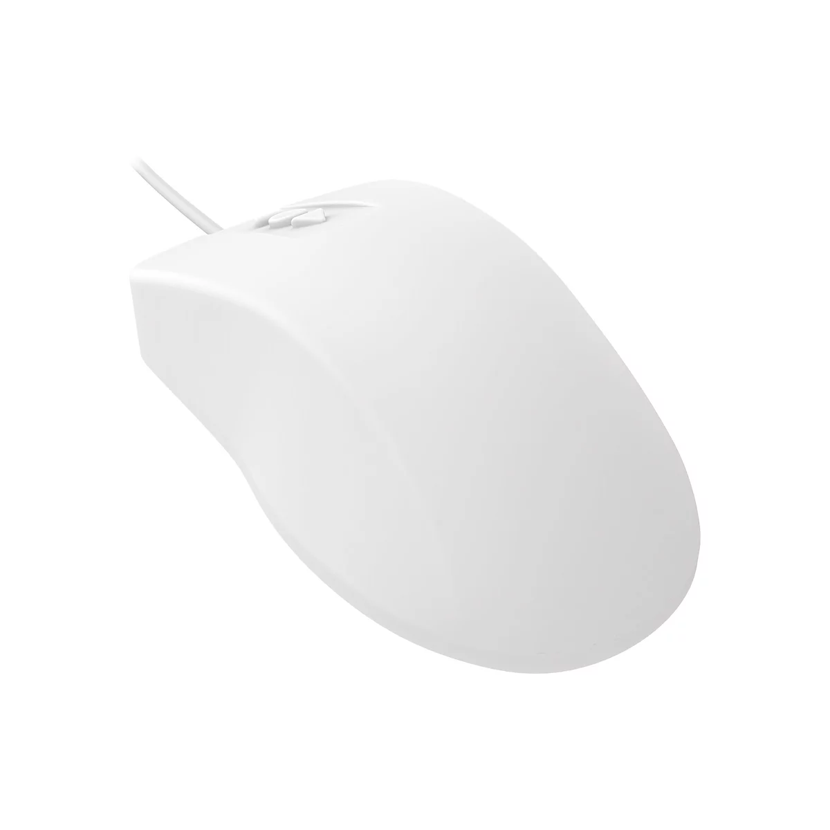 Eine schlichte, weiße Computermaus mit Kabel vor weißem Hintergrund.