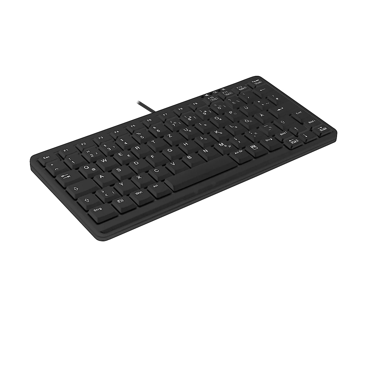 Schwarze, kompakte Tastatur mit deutschem QWERTZ-Layout auf weißem Hintergrund.