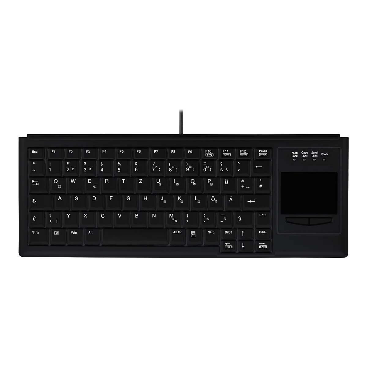 Schwarze kabelgebundene Tastatur mit deutschem QWERTZ-Layout und integriertem Touchpad auf der rechten Seite.