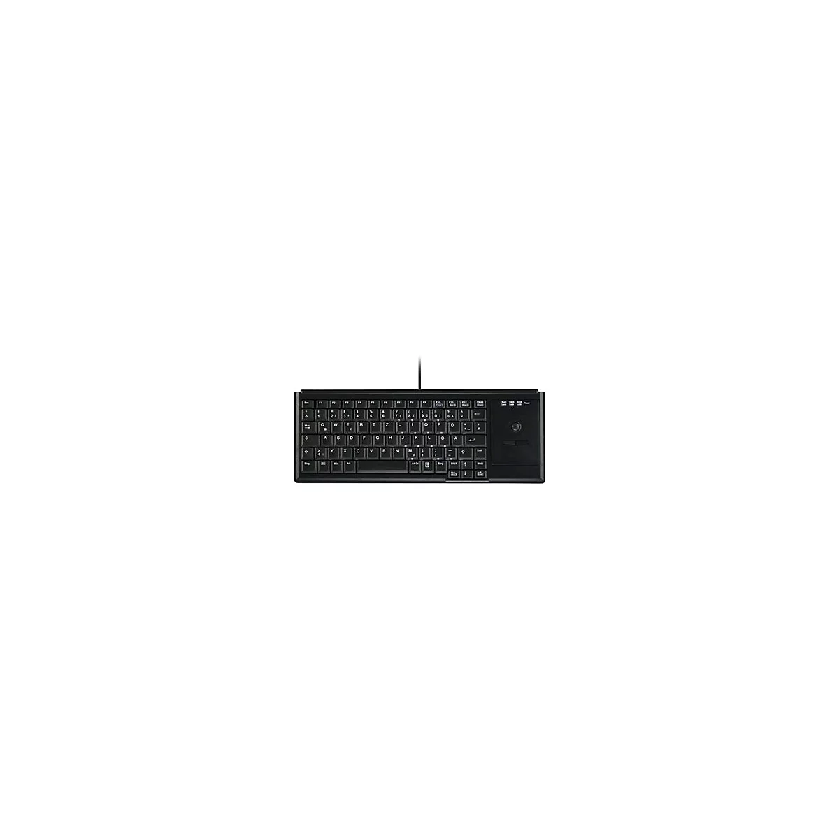 Schwarze, kabelgebundene Kompakt-Tastatur mit integriertem Trackball auf der rechten Seite vor weißem Hintergrund.