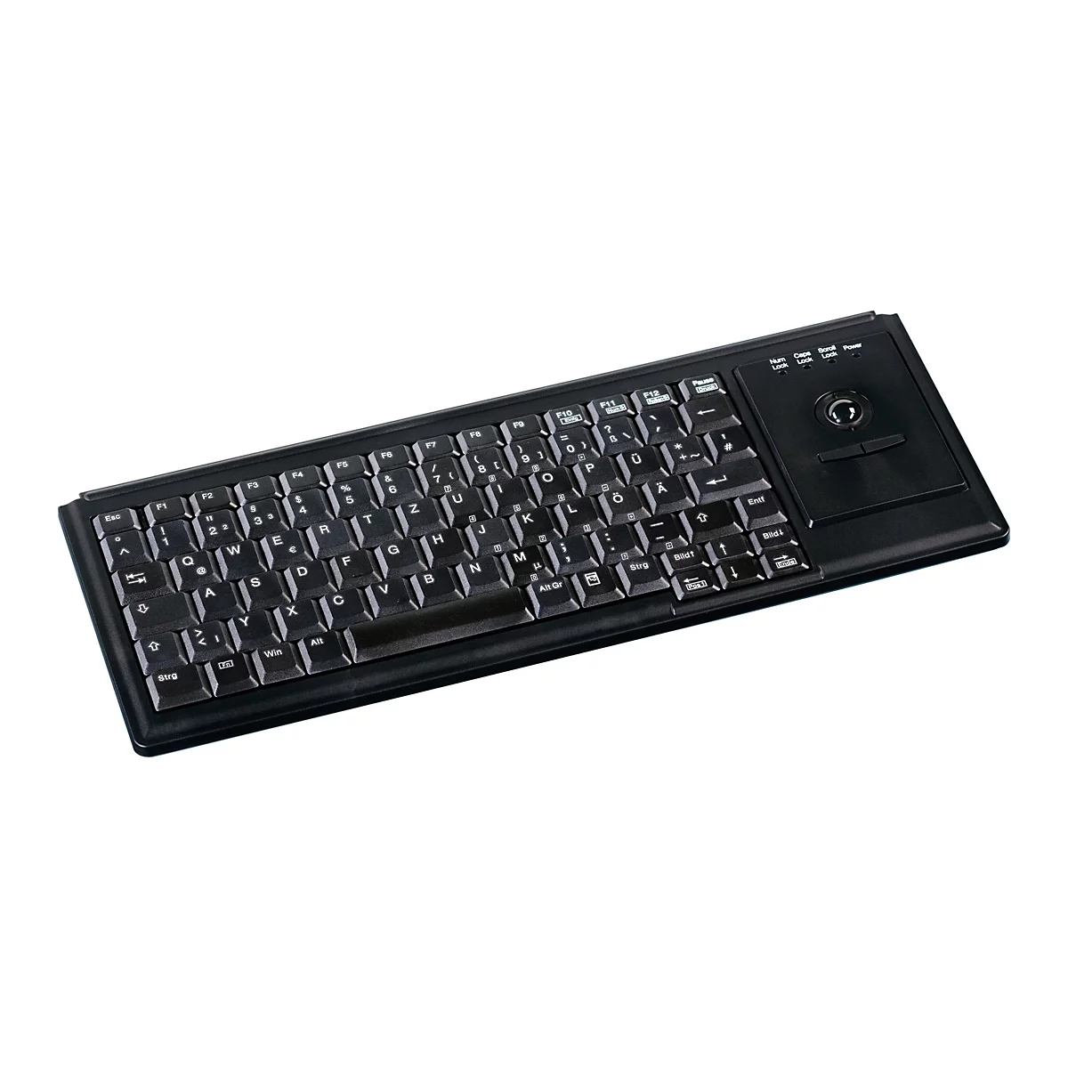 Schwarze kompakte Tastatur mit deutschem Layout und integriertem Touchpad rechts vor weißem Hintergrund.