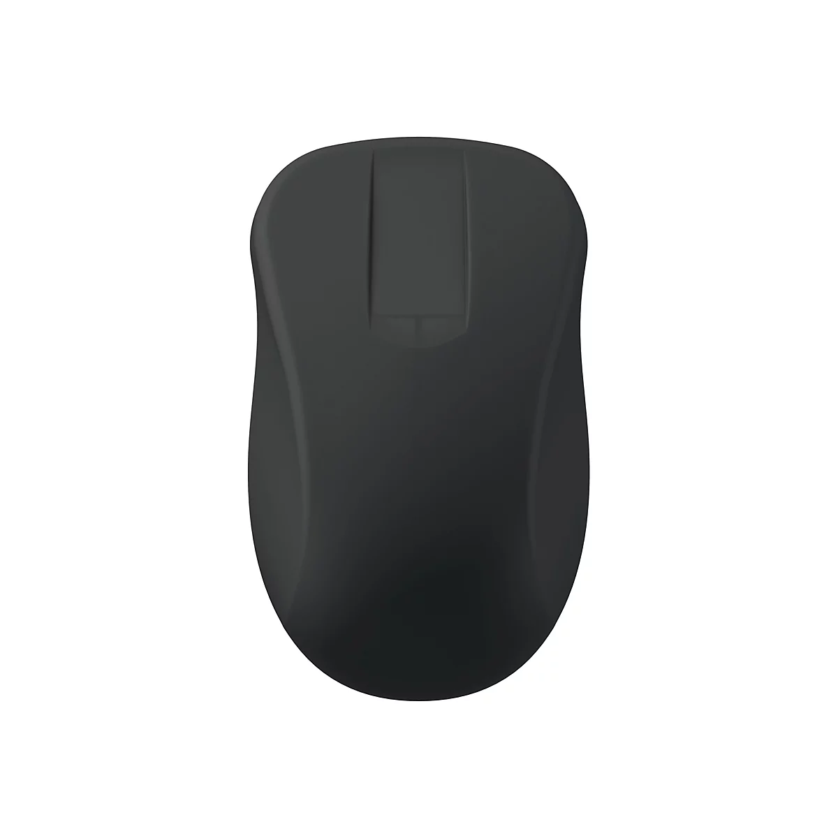 Eine minimalistische, mattschwarze Computermaus von oben vor weißem Hintergrund.
