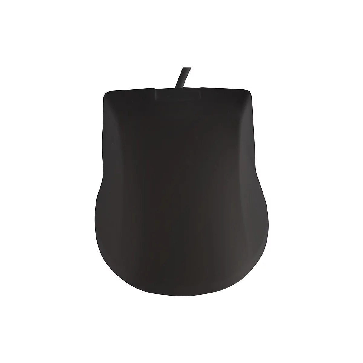 Eine schlichte, schwarze Computermaus von oben gesehen, mit einem sichtbaren Kabelanschluss.