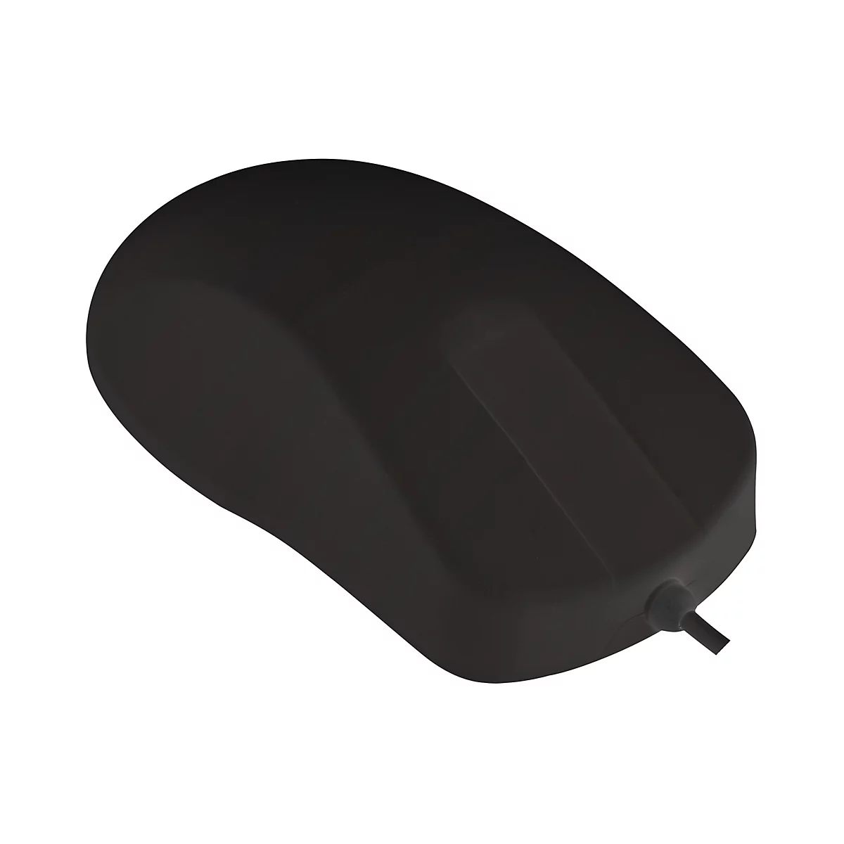 Schwarze, geschwungene Computermaus mit Kabel vor weißem Hintergrund.