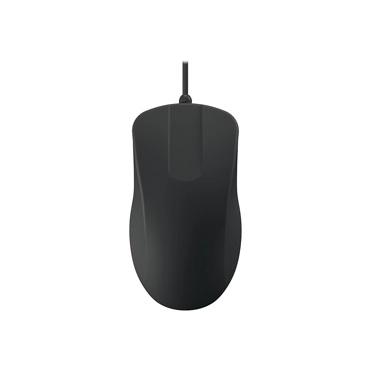 Schwarze, kabelgebundene Computermaus in schlichter Form vor weißem Hintergrund.