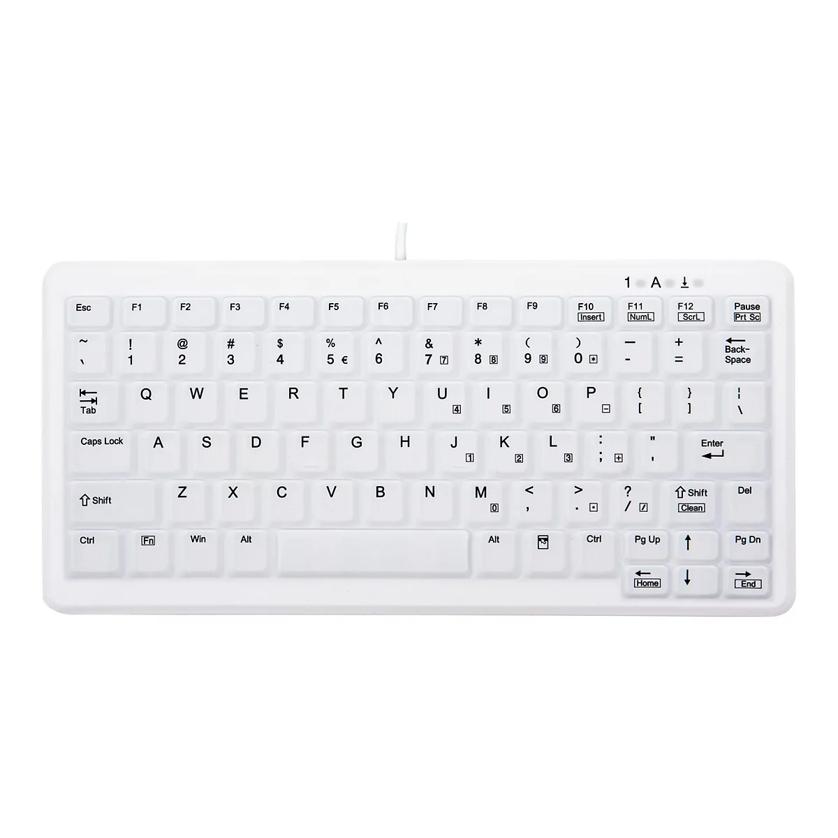 Weiße, kompakte QWERTZ-Tastatur mit abgerundeten Tasten auf weißem Hintergrund.