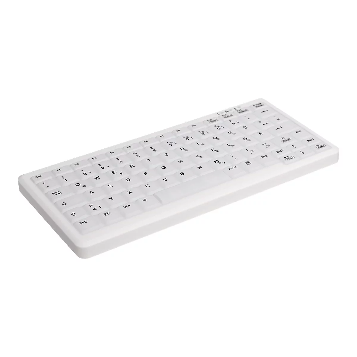 Weiße, flache Silikon-Tastatur mit deutschem QWERTZ-Layout vor weißem Hintergrund.