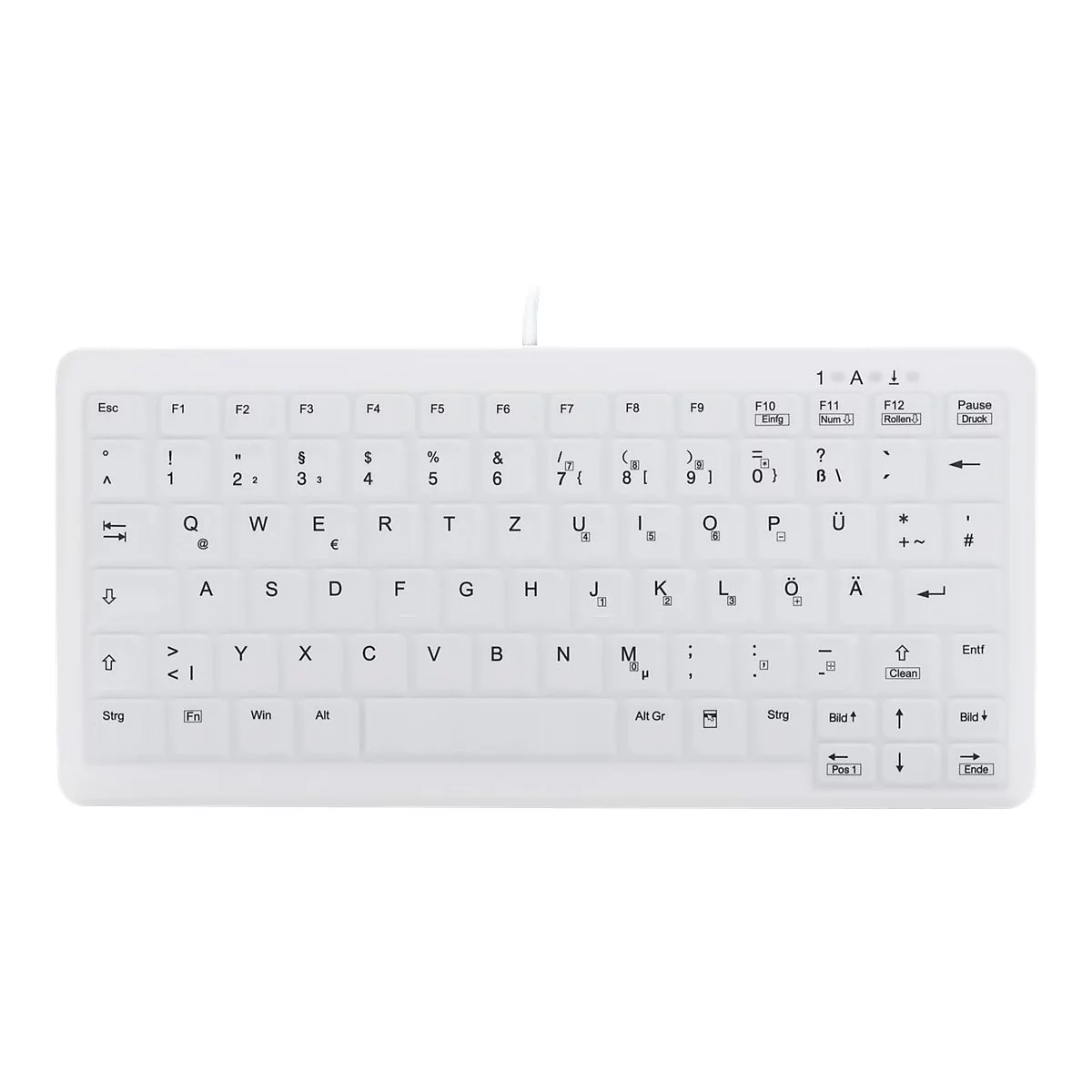 Weiße, kompakte Silikon-Tastatur mit deutschem Tastaturlayout vor neutralem, weißem Hintergrund.