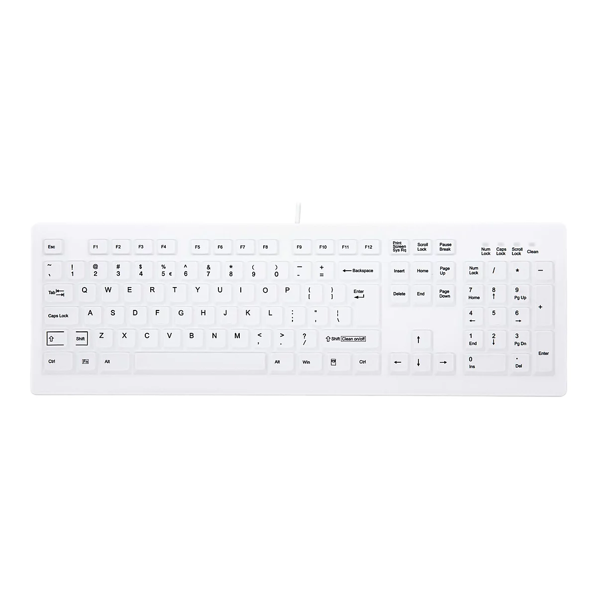 Weiße, kabelgebundene Tastatur im Standard-Layout vor weißem Hintergrund.