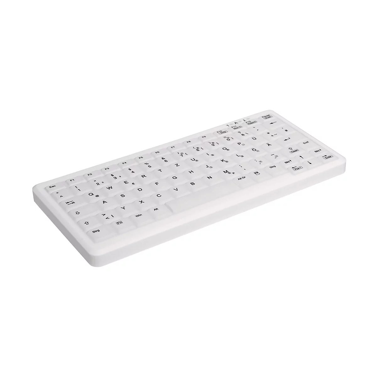 Weiße, flache Hygienetastatur mit deutschem Layout vor neutralem Hintergrund.