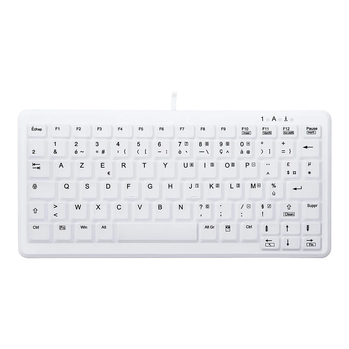 Weiße, wasserfeste Computertastatur mit AZERTY-Layout auf weißem Hintergrund.