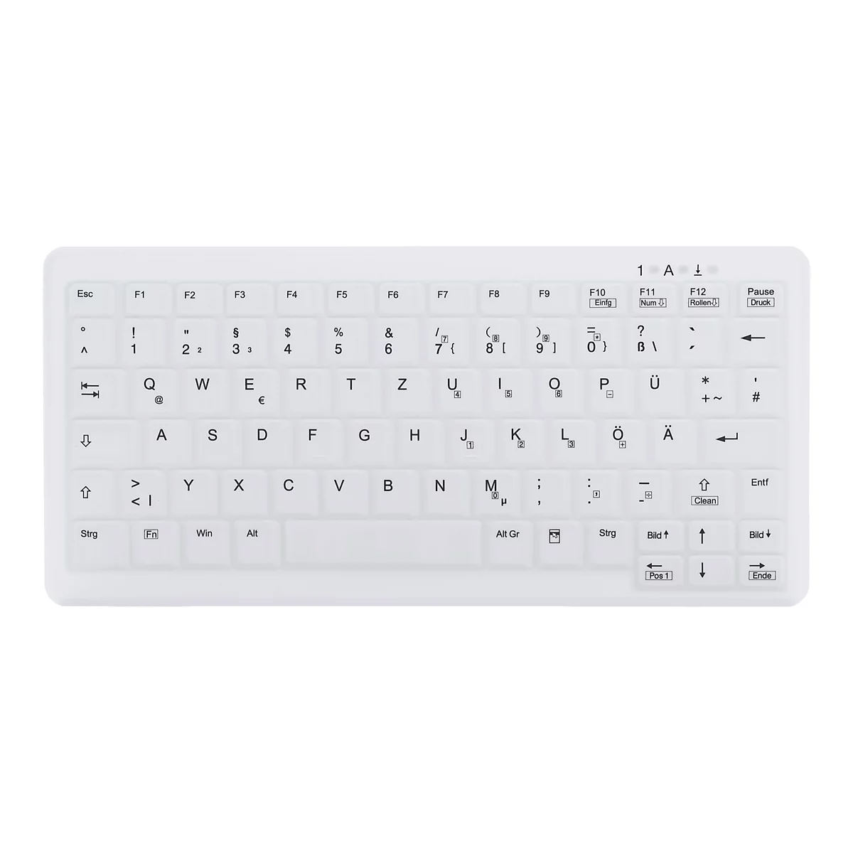 Weiße, flache Silikon-Tastatur mit deutschem QWERTZ-Layout auf neutralem Hintergrund.