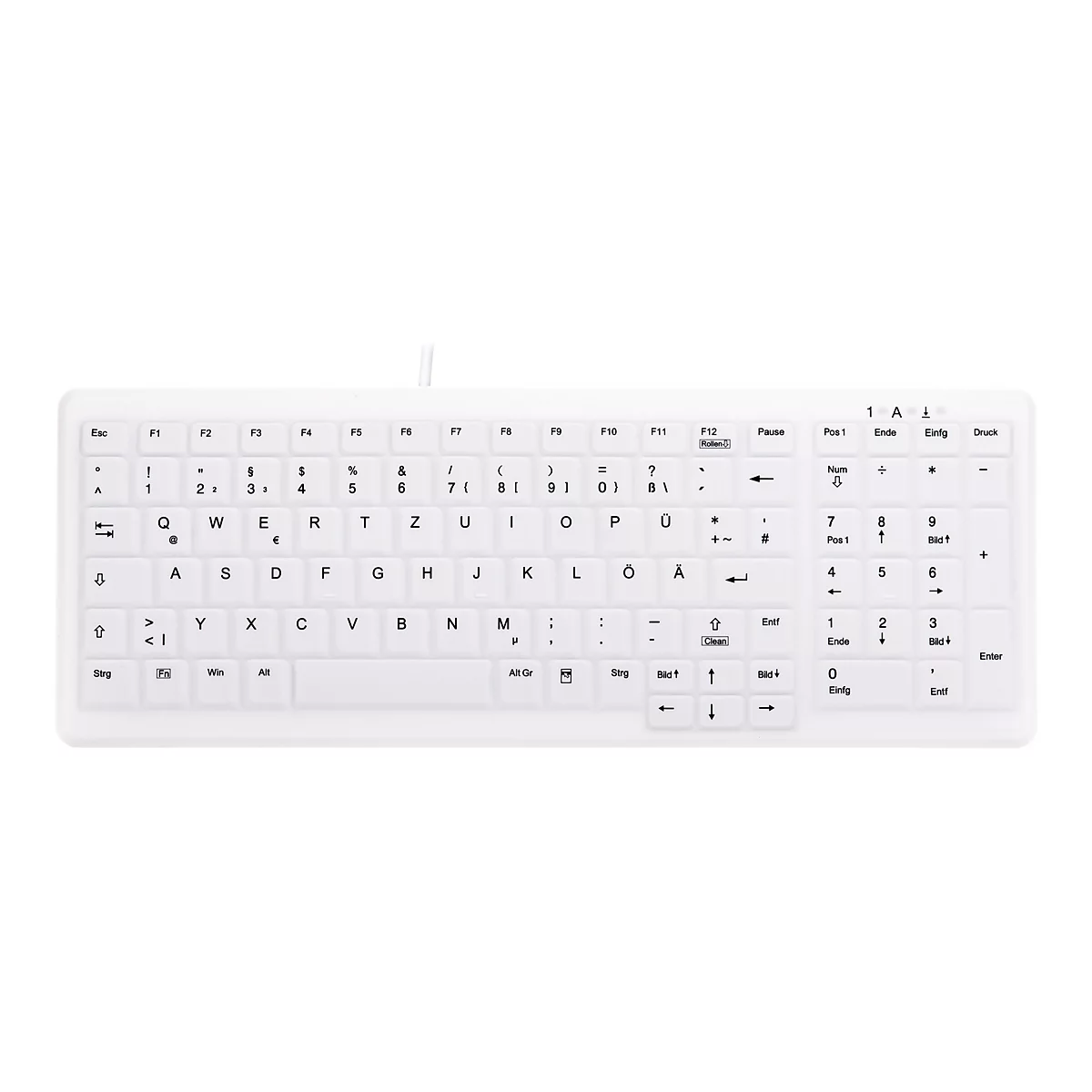 Weiße, abwaschbare Silikon-Tastatur mit deutschem QWERTZ-Layout und Ziffernblock.