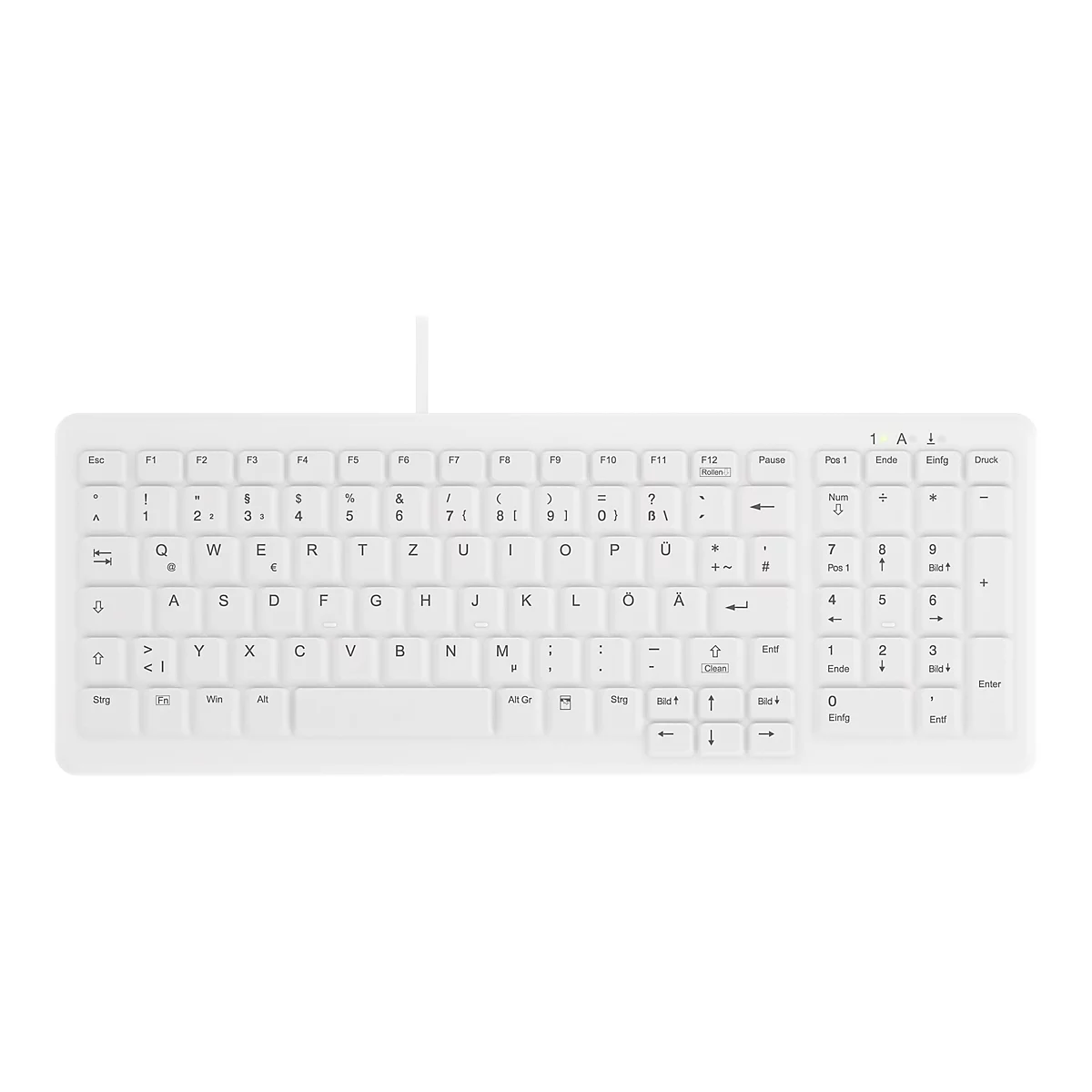 Weiße Computertastatur mit deutschem QWERTZ-Layout und Ziffernblock auf weißem Hintergrund.