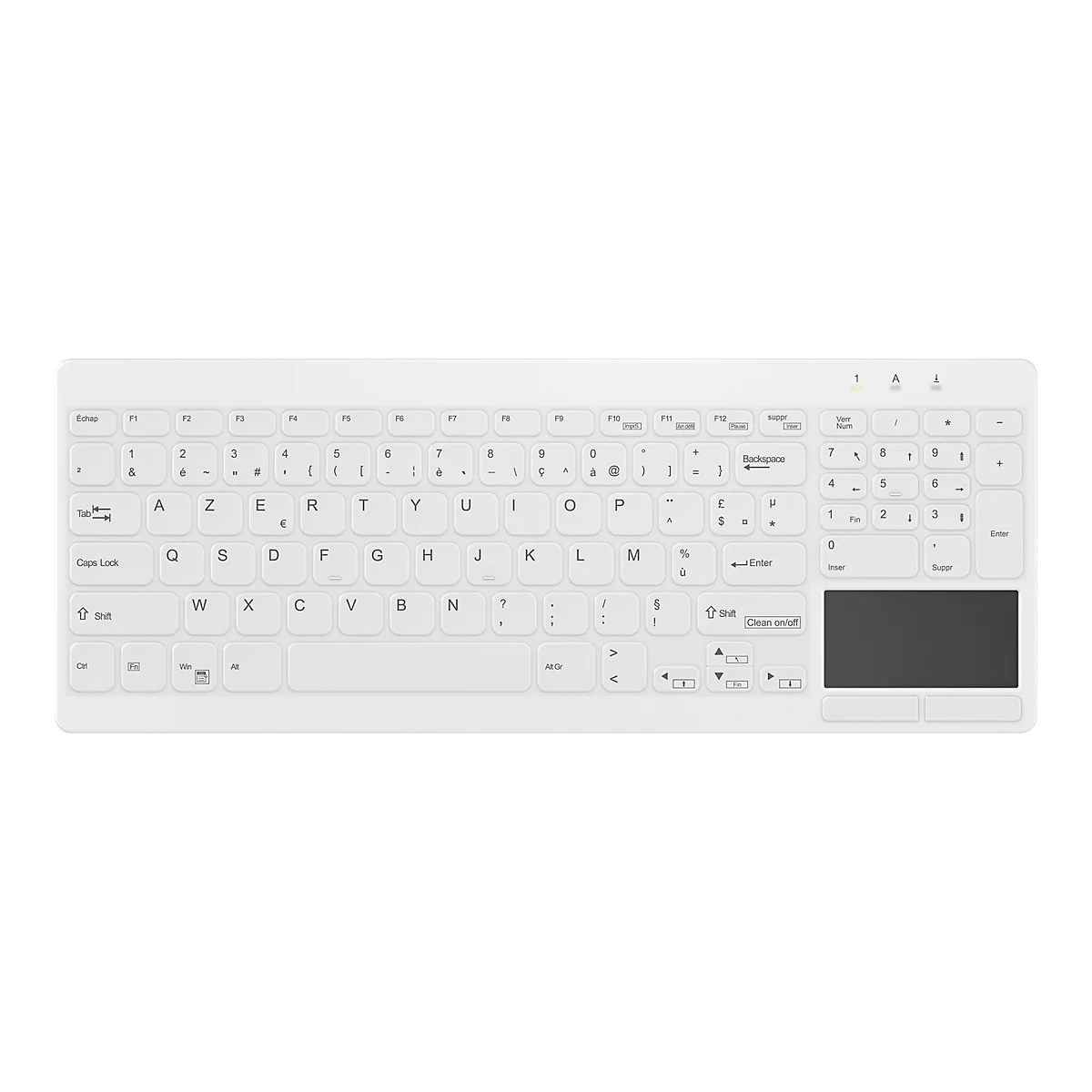 Weiße, kabellose Tastatur mit französischem AZERTY-Layout und integriertem Touchpad auf der rechten Seite.
