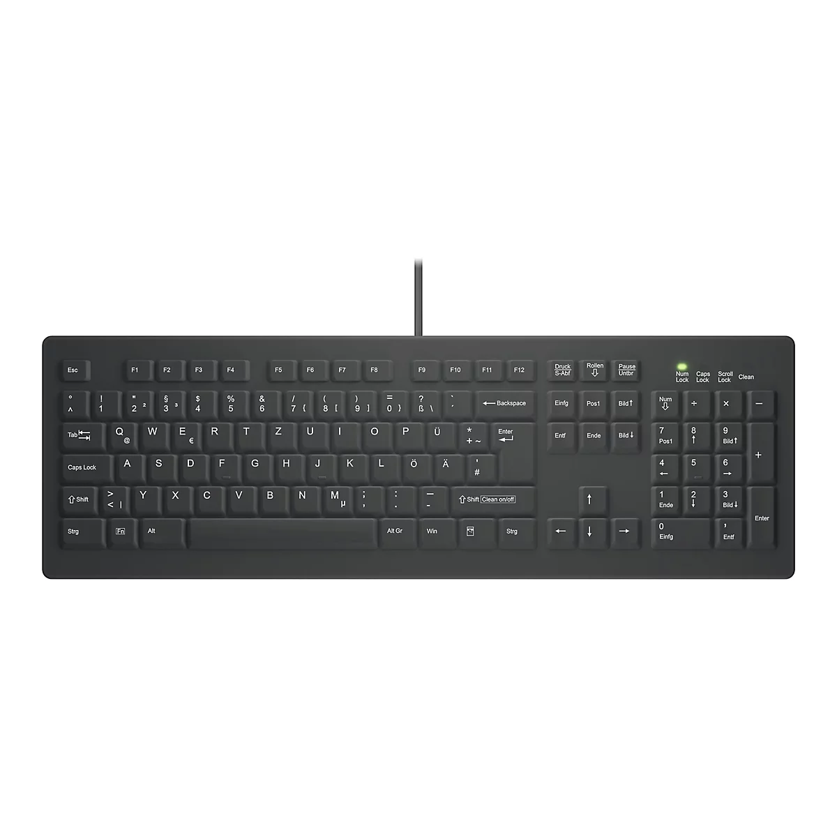 Schwarze, kabelgebundene Tastatur mit deutschem QWERTZ-Layout und aktiver Nummern-LED auf weißem Hintergrund.