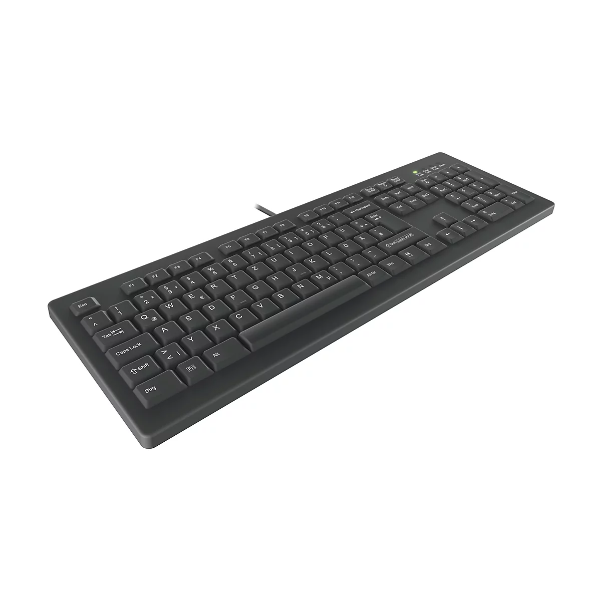 Schwarze kabelgebundene Tastatur mit deutschem Layout auf weißem Hintergrund.