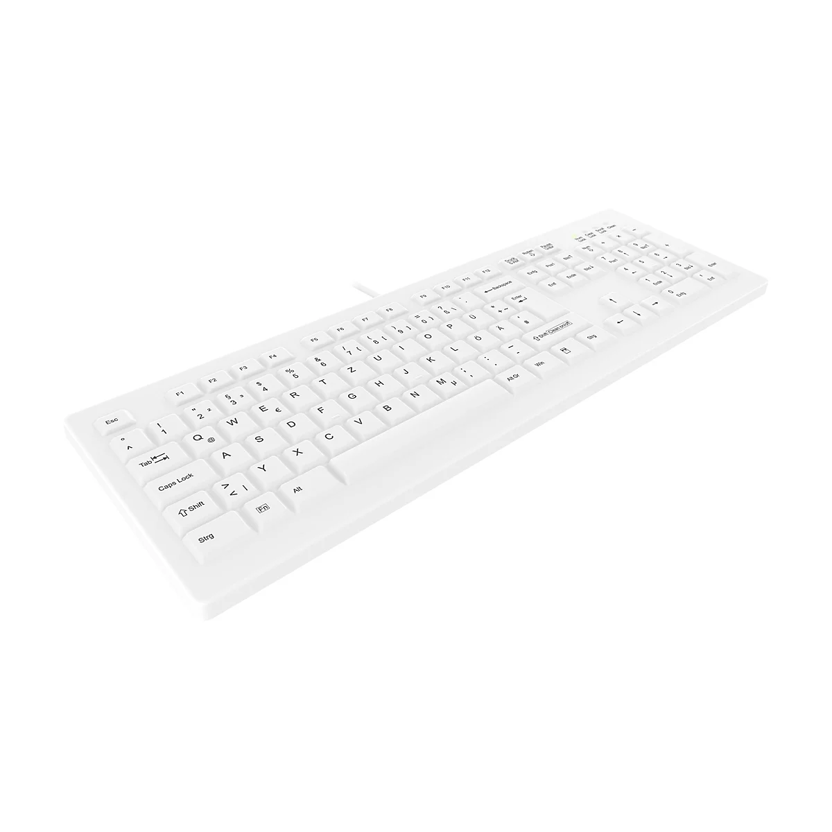 Weiße Tastatur mit deutschem QWERTZ-Layout vor weißem Hintergrund.