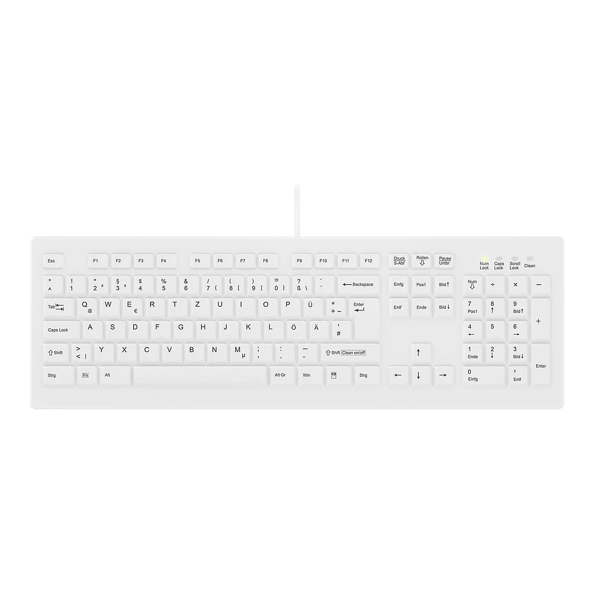 Weiße kabelgebundene Tastatur mit deutschem QWERTZ-Layout und 'Clean'-Taste auf weißem Hintergrund.
