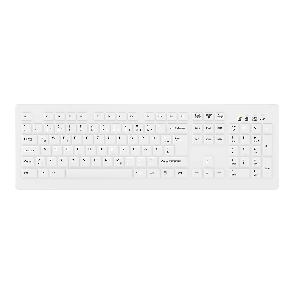 Weiße, kabelgebundene Computertastatur mit deutschem Layout und spezieller Clean-Taste vor weißem Hintergrund.
