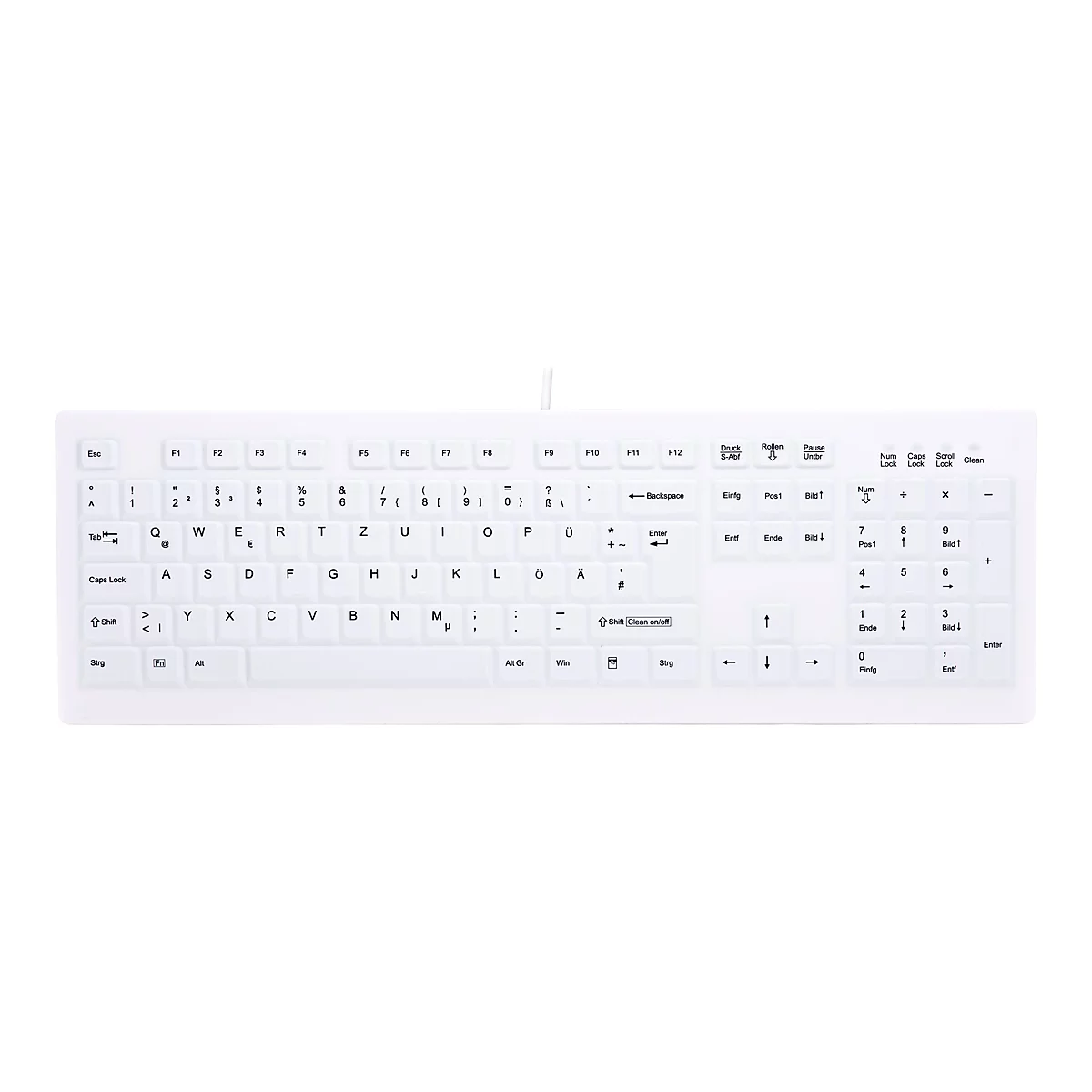 Weiße Computertastatur mit deutschem Layout vor weißem Hintergrund.
