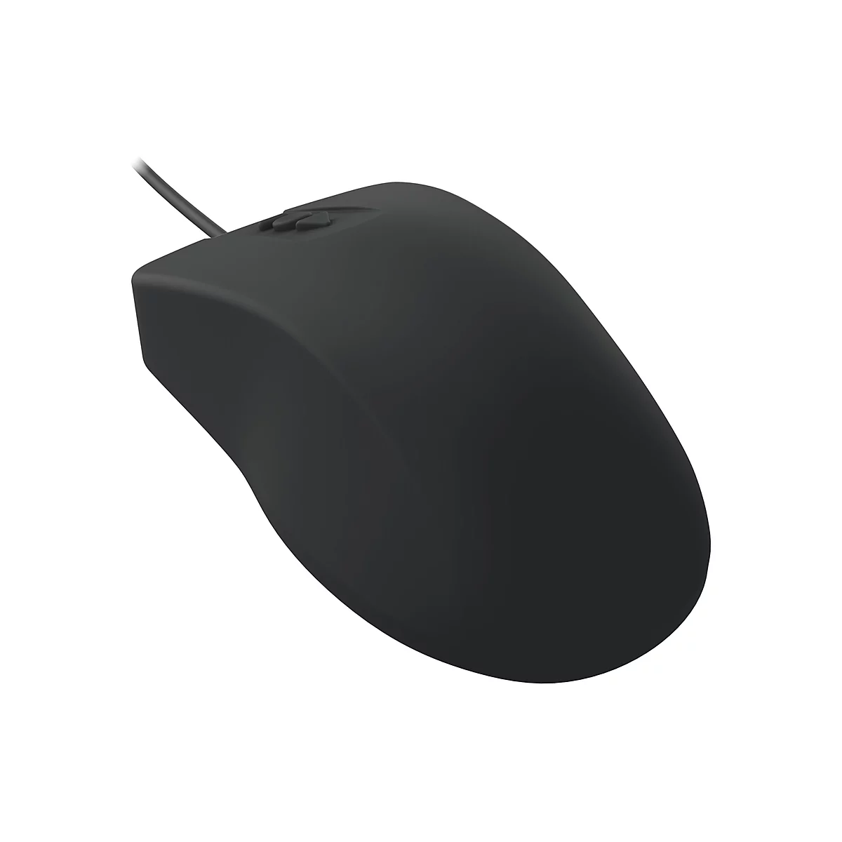 Schwarze, ergonomische Kabelmaus mit zwei Tasten vor weißem Hintergrund.