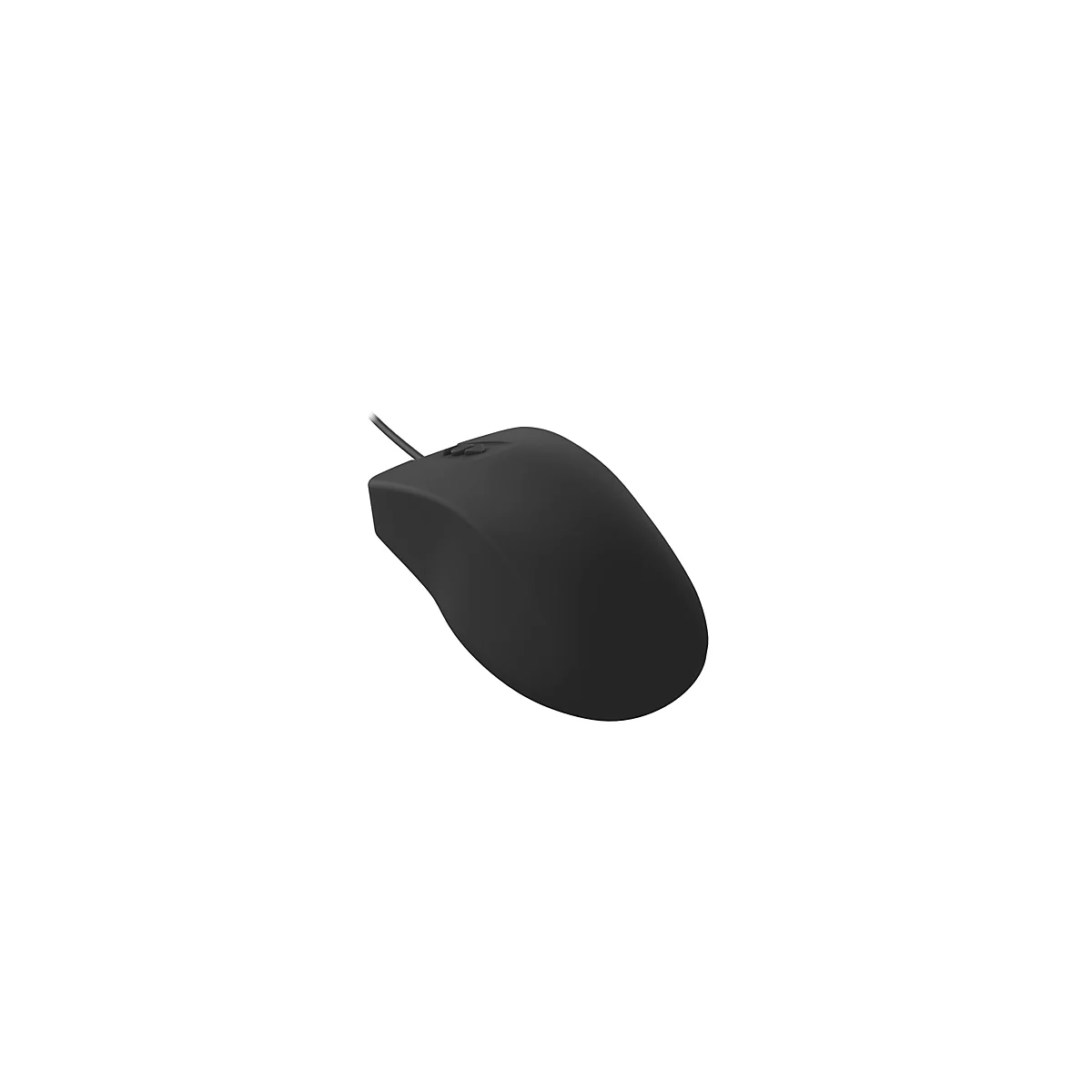 Schwarze, kabelgebundene Computermaus in schlichtem Design vor weißem Hintergrund.