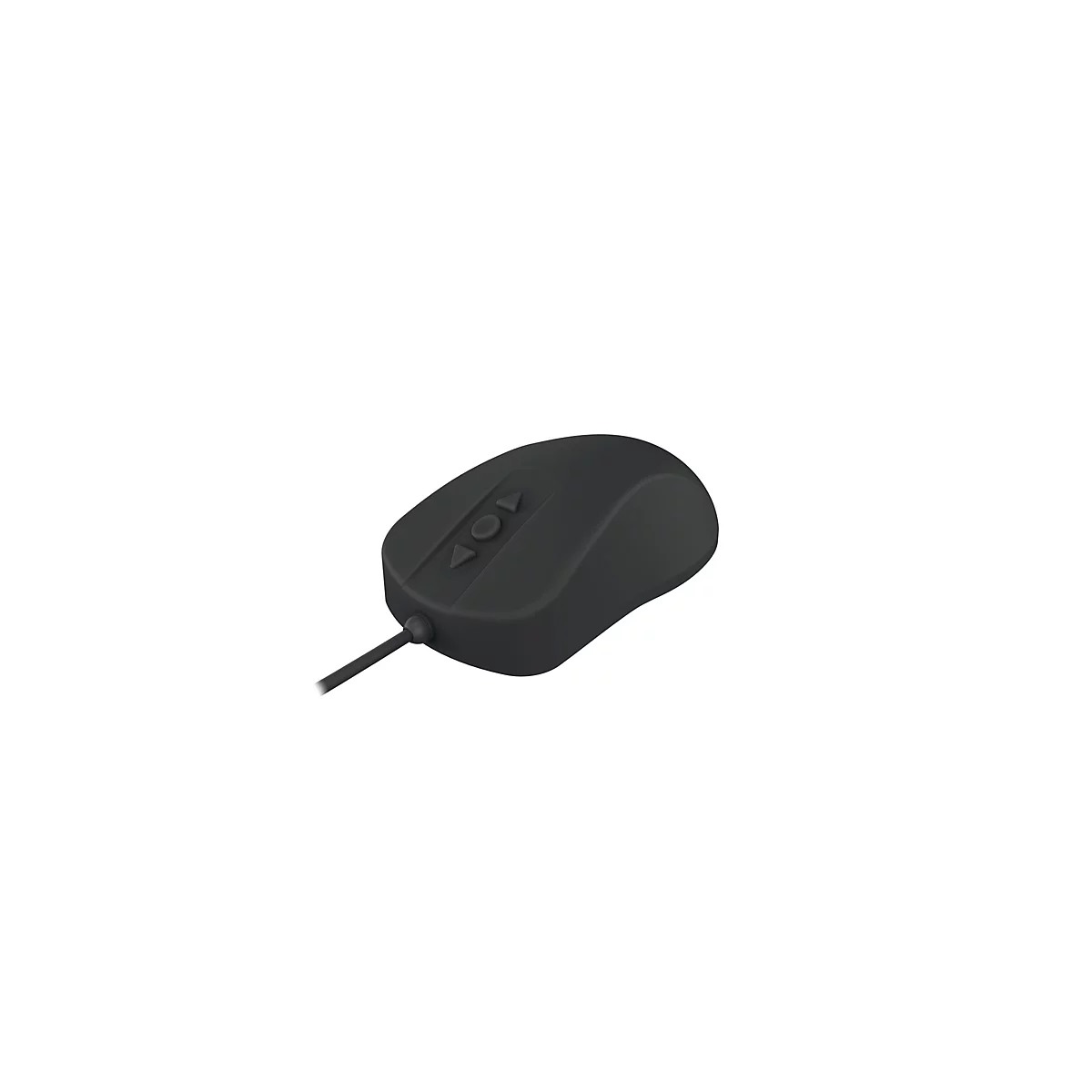 Eine schlichte, schwarze, kabelgebundene Computermaus mit zentralen Pfeiltasten vor weißem Hintergrund.