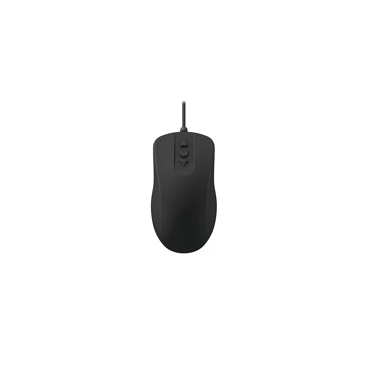 Schwarze kabelgebundene PC-Maus mit Steuerkreuz-Taste vor weißem Hintergrund.