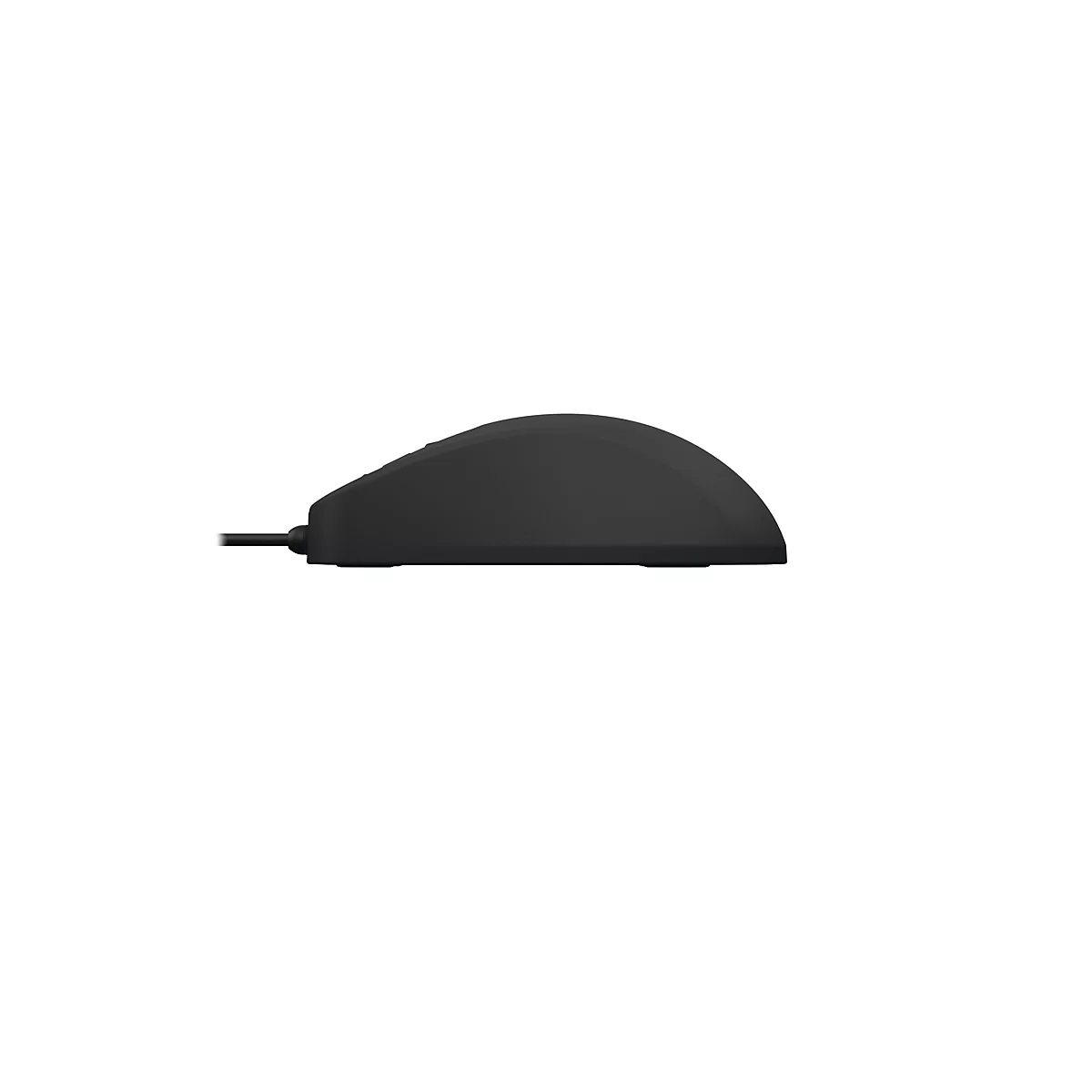 Schwarze, kabelgebundene Computermaus in Seitenansicht vor weißem Hintergrund.