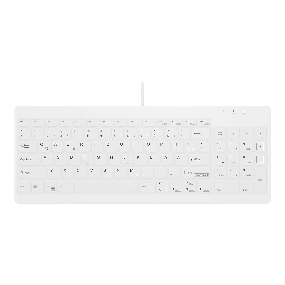 Weiße kabelgebundene Computertastatur mit deutschem QWERTZ-Layout und Ziffernblock auf weißem Hintergrund.